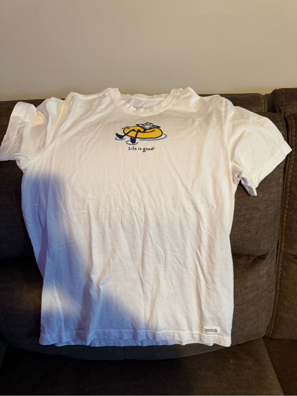 Life Is Good White Short Sleeve Tee with Yellow & Navy Tube Graphic
